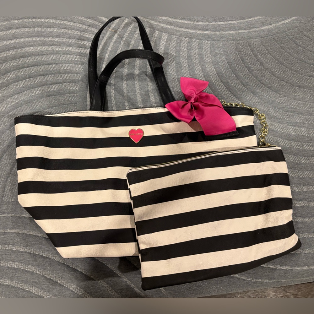 Betsey Johnson Black and White Tote with Pink Accent